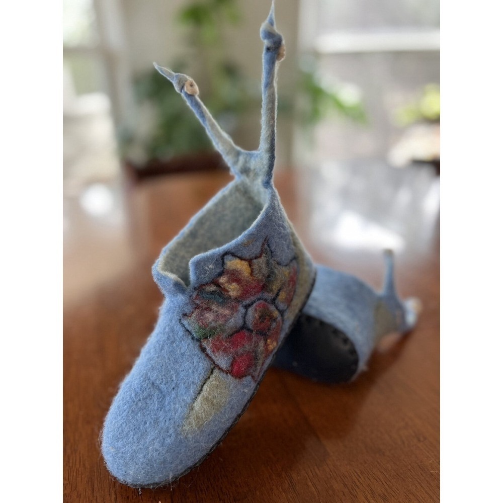 Handmade Felted Wool Slippers Snail Accent Unique Cozy House Shoes‎ Kid Size 12